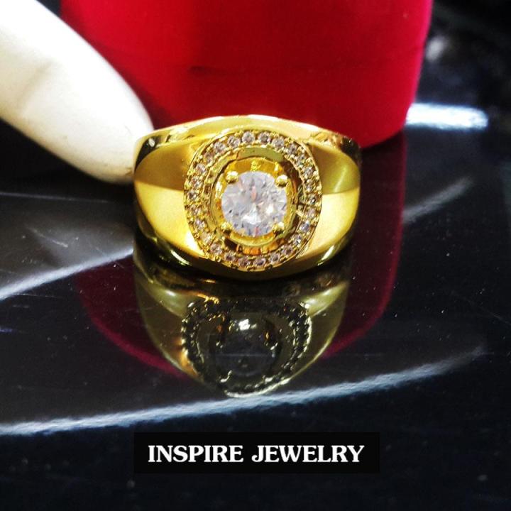 inspire-jewelry-แหวนประดับด้วยเพชรcz-เม็ดใหญ่หนึ่งเม็ดกลางฝังจิวเวลลี่แบบหนามเตย-และล้อมเพชรรอบอีกชั้น-งานสวย-แบบร้านเพชร-แบบร้านทอง-ตัวเรือนหุ้มทองแท้-24k-พร้อมกล่องกำมะหยี่