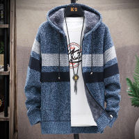 Autumn New Hooded Mens Sweater Thickened Plus Velvet Mens Slim Cardigan Knitted Sweater Patchwork Jacket Male M-3XL