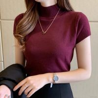 Women Solid Half Turtleneck Fashion Slim Short Sleeve Knitted T-Shirt