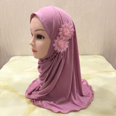 【YF】 H081 beautiful small girl Al amira hijab with flowers fit 2-7 years old muslim kids pull on islamic scarf headscarf