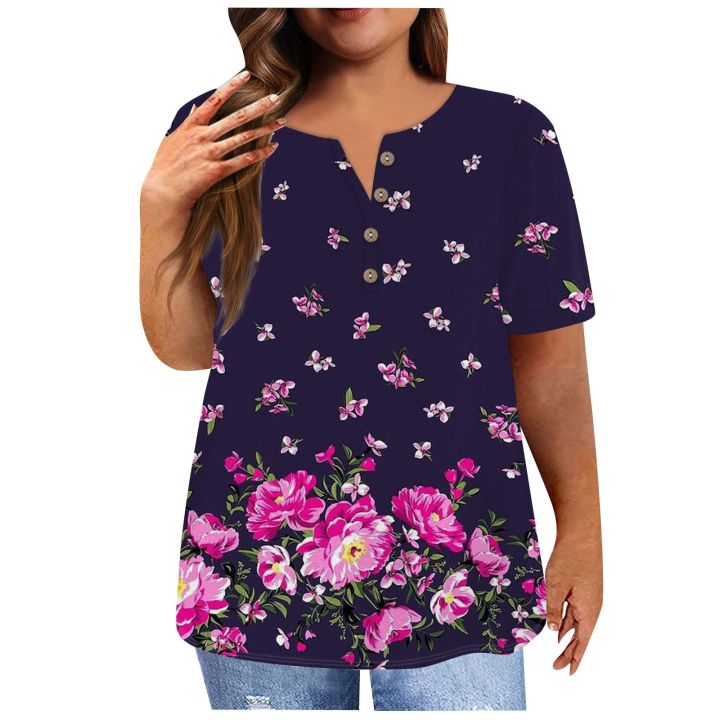 เสื้อยืดกระดุมเสื้อแขนสั้นสำหรับผู้หญิงขนาดใหญ่พิเศษพิมพ์ลายดอกไม้เสื้อลำลอง