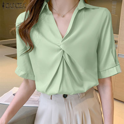 (สินค้ามาใหม่)(จัดส่งฟรี)Fancystyle ZANZEA เสื้อเชิ้ตคอวีแขนสั้นแบบสไตล์เกาหลีของผู้หญิงลายเสื้อเบลาซ์สีพื้น #10