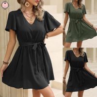 Elegant Soild Color V Neck Short Dress for Women Perfect for Daily Wear and Beach