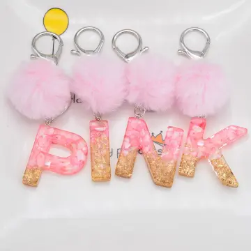 Acrylic Letter/Initial Pink Pom Pom and Heart Glitter Filled Keychain/Bag  Charm