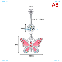 Zone Sky จี้คริสตัลสีชมพูแหวนสะดือสำหรับผู้หญิงทำจากสเตนเลสเจาะสะดือเครื่องประดับกระต่ายหัวใจหมีผีเสื้อแหวนท้อง