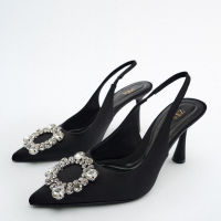 New womens shoes 2023 summer new black rhinestone ZA/RAˉdecoration details slingback high-heeled sandals for women