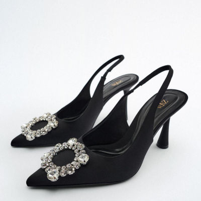 New womens shoes 2023 summer new black rhinestone  decoration details slingback high-heeled sandals for women