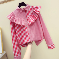 Sweet Ruffles Patchwork Plaid Blouse Women Turn-down Collar Long Sleeve Button-up Shirts Casual Loose Spring Blusas Mujer Moda