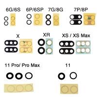 2ชุดกระจกกล้องถ่ายรูปด้านหลังสำหรับ iPhone 6 6S 7 7 8 Plus X XR XS 12 13 11 Pro กล้องมองหลังฝาครอบเลนส์เทปเครื่องรับโทรเลขกาวสำหรับเปลี่ยน