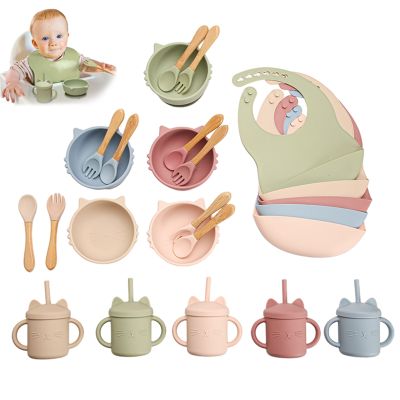 Baby Silicone Feeding Set Sippy Cup With Straws BPA Free Bibs Tableware for Kids Nou-Slip Suction Bowl Baby Supplies for Kids