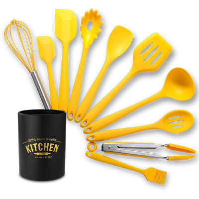 Useful Yellow Silicone Cooking Tools Set Spatula Shovel Spoon with Wooden Handle Kitchenware Practical Kitchen Cooking Utensils