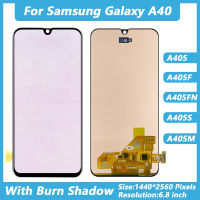 AMOLED ของแท้สำหรับ Samsung Galaxy A40 A405แอลซีดี A405F ติดหน้าจอเงาไหม้แสดงการกำหนดตำแหน่งการสัมผัสกรอบอะไหล่ประกอบ