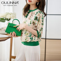 OULINNA เสื้อยืดแขนสั้นผ้าซาตินพิมพ์ลาย Zou คู่เสื้อทรงหลวมและทันสมัย5/4 2023