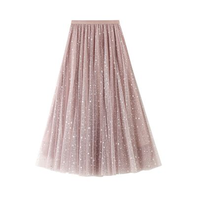 Sequined Star Gauze Skirt Womens Fashion Cly medium length skirt