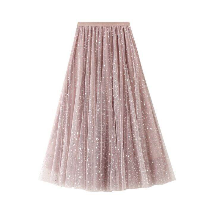 sequined-star-gauze-skirt-womens-fashion-cly-medium-length-skirt