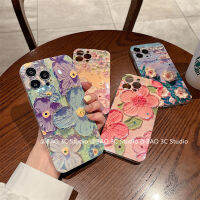 เคสโทรศัพท์ Phone Case for iPhone 15 iPhone15 Pro Max Plus เคสโทรศัพท ยอดนิยมสำหรับ ใหม่ภาพสีน้ำมันดอกไม้แม่พิมพ์กลมพลอยเทียมกรอบซิลิโคนนิ่มกันตก2023