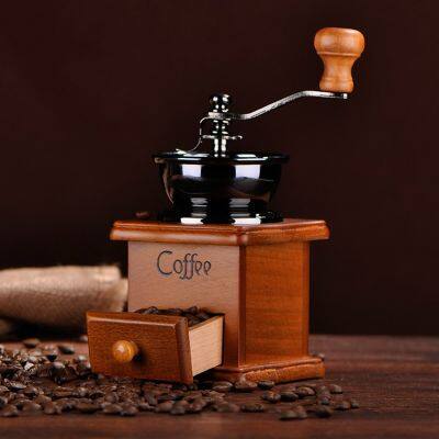 （HOT NEW）เครื่องบดกาแฟแบบแมนนวล Reurope VintageWooden Coffee Grinder Roller Grain Mill Hand Crank เครื่องบดกาแฟ