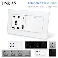 UNKAS Type C Wall USB Port 5 Hole Universal Standard 1 Gang 1 Way On / Off Push Button Tempered Panel 16A Power Socket Outlet