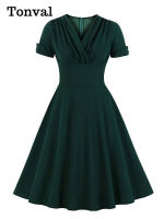 KKTonval Ruched V คอตัดเอวสูง1950S วินเทจสีเขียว A Line Swing Dresses ผู้หญิงฤดูร้อน Solid Elegant Party Midi Dressq11