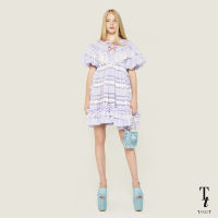 TandT - "ADELINE" Lace Trimmed Tie-Bow Neck Ruffled Puff Sleeves Mini Dress เดรสสั้นรูดระบายทรงบาน แขนสั้นทรงพอง ตัดต่อลายทางเย็บกดระบายลูกไม้ ผ้าลูกไม้