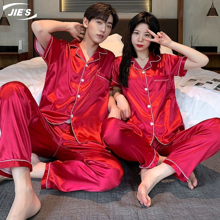 terno-ชุดนอนสตรีแบบ-pambahay-ชุดนอนสตรีแบบเกาหลีดีไซน์แบบคู่รักน่ารักพื้นสวมใส่สบายเสื้อแขนสั้นผ้าไหมชุดนอนสำหรับทุกเพศ