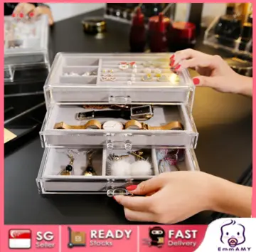 Acrylic Jewelry Organizer Box, Clear Earring Holder Jewelry Hanging Boxes  With 4 Velvet Drawers For Earrings Ring Necklace Bracelet Display Case Gift