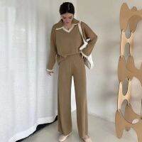 ；【‘；- Autumn Knitted Suit Fashion Contrast Color Pullover Loose Casual Wide Leg Straight Trousers 2PCS Women Daily Commuter Clothes