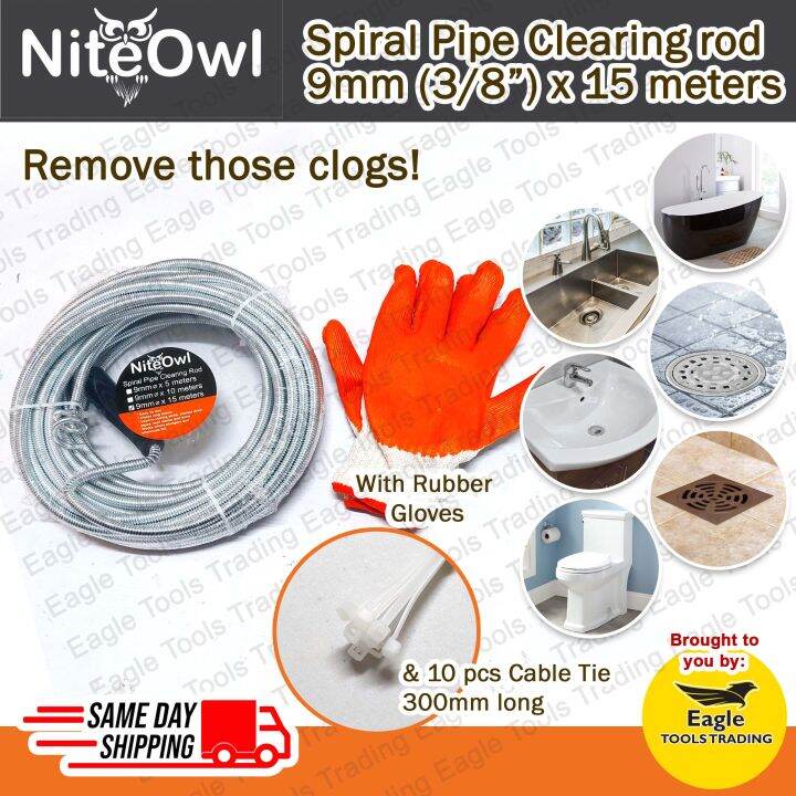Niteowl Spiral Pipe Clearing Rod 9mm (3/8 inch) x 15 Meters clears