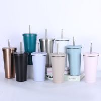 500Ml/750Ml Stainless Steel Coffee Mug With Straw Vacuum Insulated Mug With Lid Drink Travel Tumbler Cup Cold Hot Water Thermos