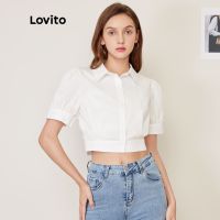 ✘✱ 2057 Lovito เสื้อเชิ้ตลําลอง ผ้าฝ้ายแท้ แขนสั้น คอปก สไตล์เจ้าหญิง สีขาว L27AD029