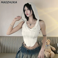 MAOZHUXIA เสื้อผ้าผู้หญิง2023 Cewek Seksi เซ็กซี่,เสื้อกั๊กแบบมีฮู๊ดกลวงพร้อมคอสำหรับฤดูร้อน