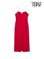 【YF】 TRAF Women Fashion Front Slit Party Midi Dress Vintage Backless Zipper Thin Straps Female Dresses Vestidos Mujer