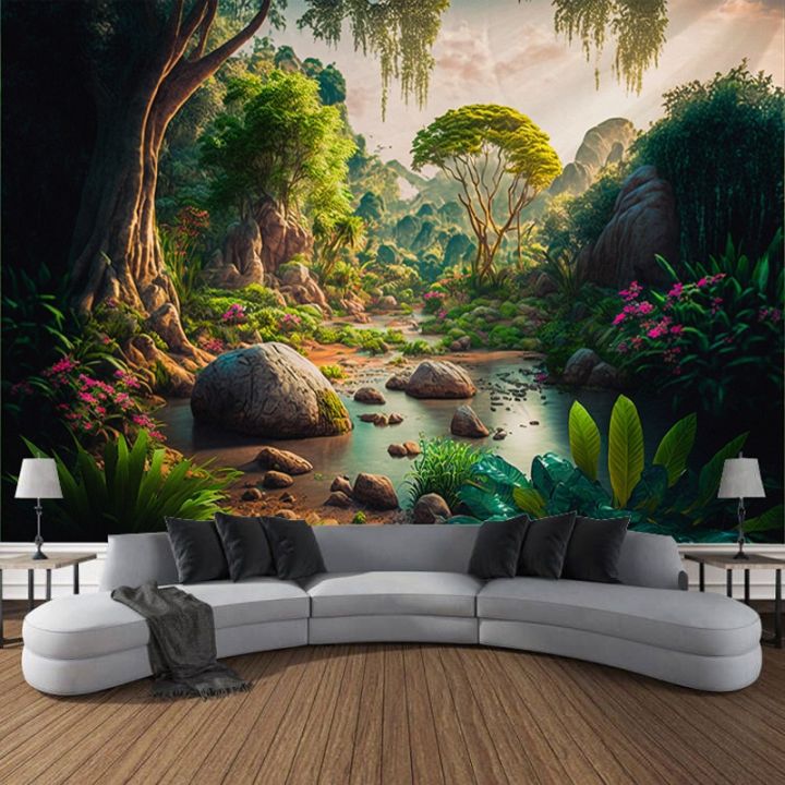 Forest Tapestry Nature Trees Waterfall Wall Hanging Landscape ...