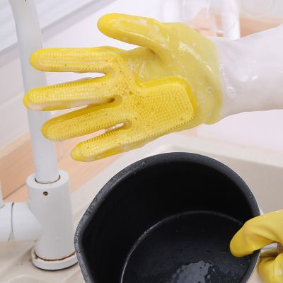 1 Pair Kitchen Dishwashing Gloves Silicone Rubber Sponge Cleaning Glove Kitchen Cleaning Tools Household Bathroom Scrubber Safety Gloves