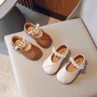 Korean Style Children Fashion Leather Shoes 2023 Sewing Girls Classic Pearl Casual Versatile Flats Daily Soft Princess Shoes New