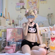 Women Kawaii Anime Plush Pajamas Set Sweet Bunny Ears Velvet Tube