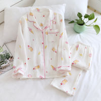 Japanese new summer womens cotton crepe long-sleeved trousers pajamas set cute two-piece spring and autumn home service ladies