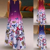 Women Butterfly Print Daily Loose Sleeveless Vintage Boho V Neck Maxi Dress Summer Female Robe