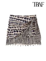 TRAF Women Fashion With Beaded Print Wrap Mini Skirt Vintage High Waist Back Zipper Female Skirts Mujer