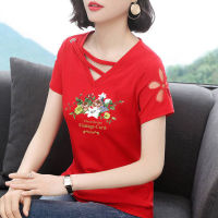 [ Cotton] Women Plus Size Blouse V-neck T-shirt Womens Short-sleeved Korean Top