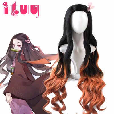 Kamado Nezuko Wig Demon Slayer: Kimetsu No Yaiba Nezuko Cosplay 95Cm Gradient Long Hair Accessories Heat Resistant Synthetic Wig