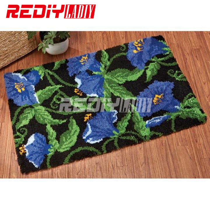 latch-hook-rug-kits-unfinished-crocheting-tapestry-3d-yarn-needlework-cushion-sets-for-embroidery-carpet-blue-morning-glory-mat