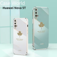 เคสสำหรับ Huawei Nova 5T + สายรัดข้อมือ,เคสป้องกันซิลิโคน TPU แบบนิ่มขอบสี่เหลี่ยมชุบลายใบเมเปิ้ลเงาบางมาก