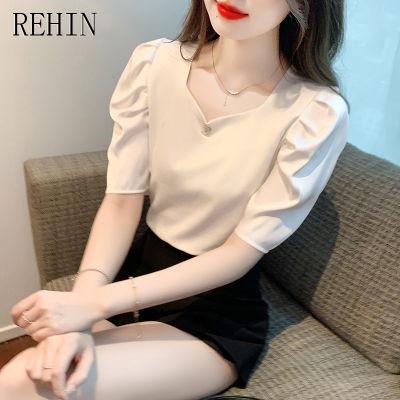 REHIN เสื้อผู้หญิงคอวีคอวีอเนกประสงค์,เสื้อสตรีแขนสั้นฤดูร้อนฉบับภาษาเกาหลีแฟชั่นหรูหราใหม่