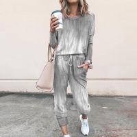 Women Long Sleeve 2 PCS Tracksuit Set Casual Print O Neck Loose Tops Drawstring Elastic Waist Long Pant Ladies Home Pajama Suits