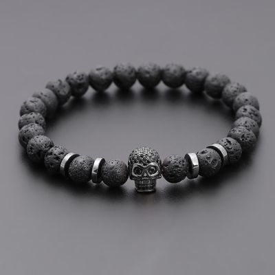 Black Eye Skull Hematite Bead Bracelet Men Classic Handmade 8mm Lava Stone Charm Bracelet For Men Jewelry Gift