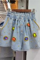 【hot】 New Arrival Exquisite Rhinestone Beaded Denim Shorts Waist Wide-Leg Jean 2023 Bottoms