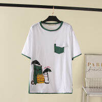 【มีไซส์ใหญ่】Plus Size XL-4XL Womens White Green Tshirts Cat Embroidery Tops Oversize Shirts