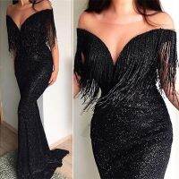 Chloeh Hornbye Shop Womens Deep V-neck Off Shoulder Long Black Dress Fringe Evening Bride Gowns