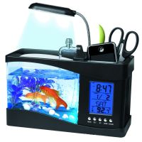 USB Desktop Mini Fish Tank Betta Fish Tank Aquarium พร้อมไฟ LED จอแสดงผล LCD หน้าจอและนาฬิกาตกแต่งบ้านพร้อม Pebbles